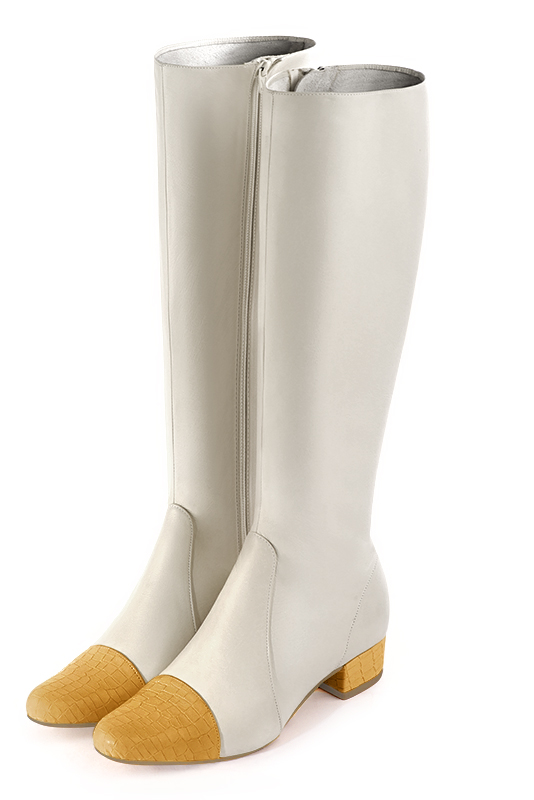 Mustard yellow and off white women's feminine knee-high boots. Round toe. Low block heels. Made to measure. Front view - Florence KOOIJMAN